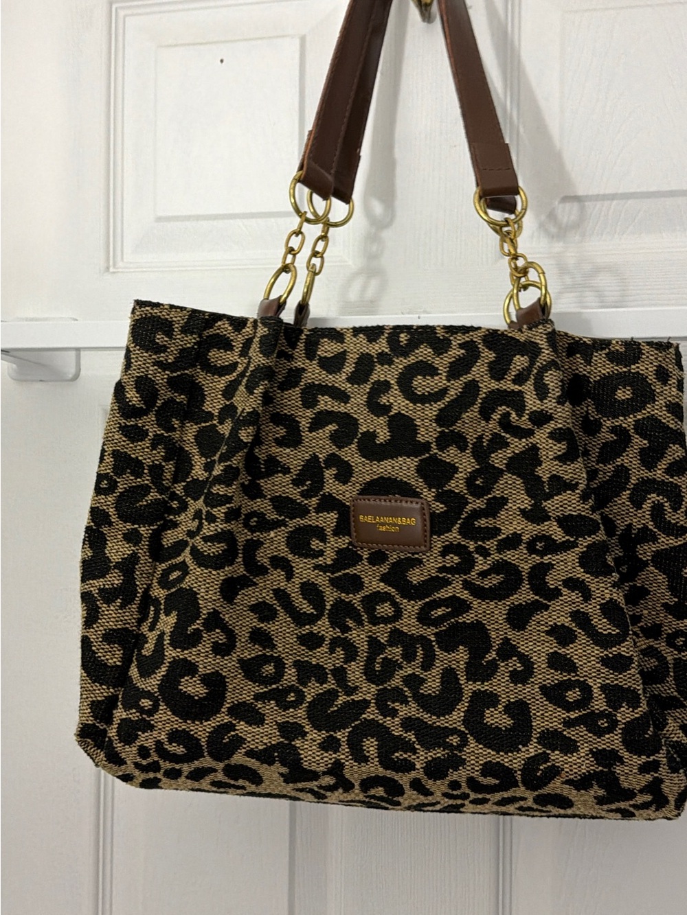Leopard Print Tote Bag with Brown Handles